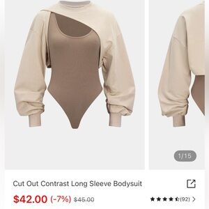 Cut Out Contrast Long Sleeve Bodysuit - Tan